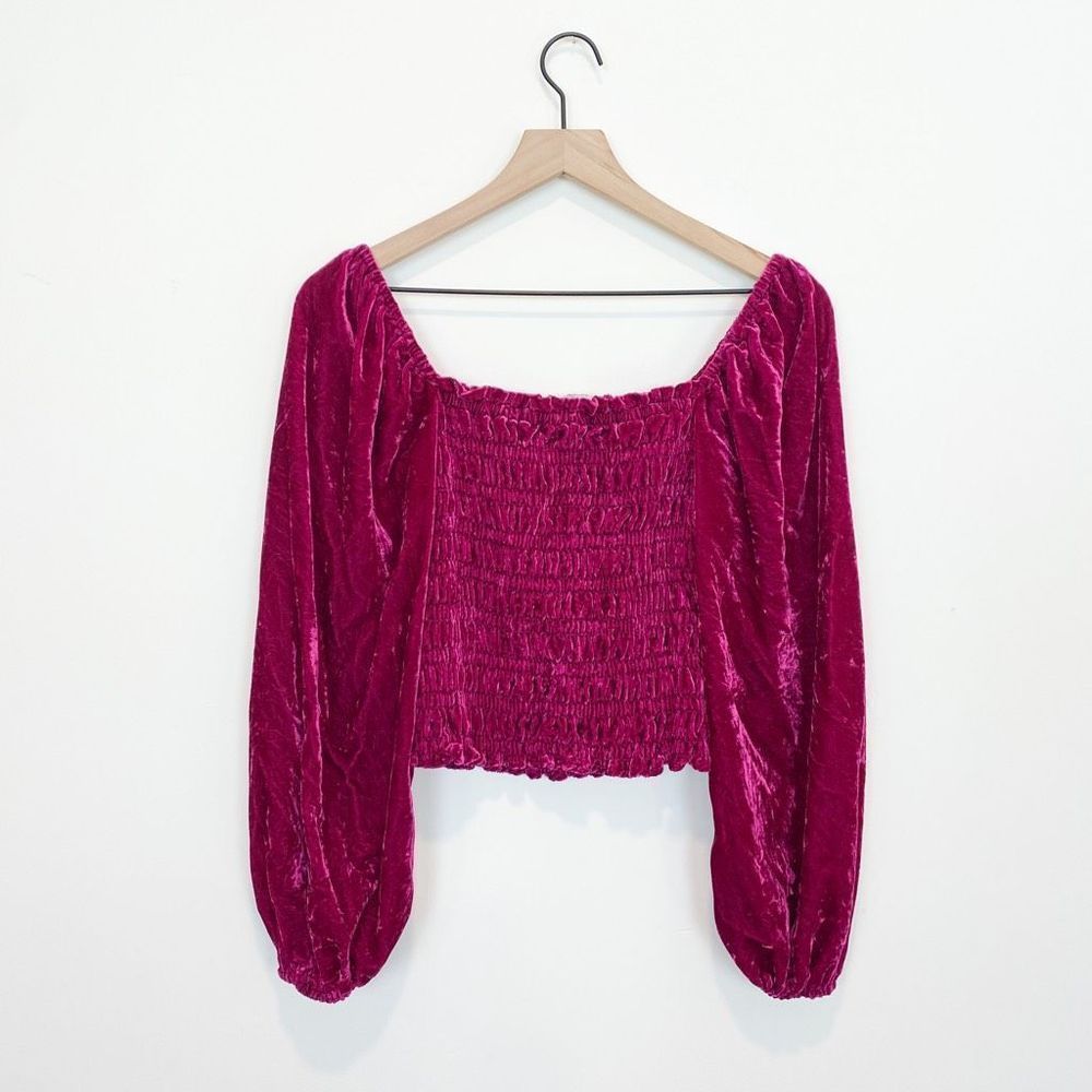 Anthropologie Magenta Pink Rose Smocked Velvet Puff Sleeve Peasant Blouse Ruffle - Picture 2 of 8